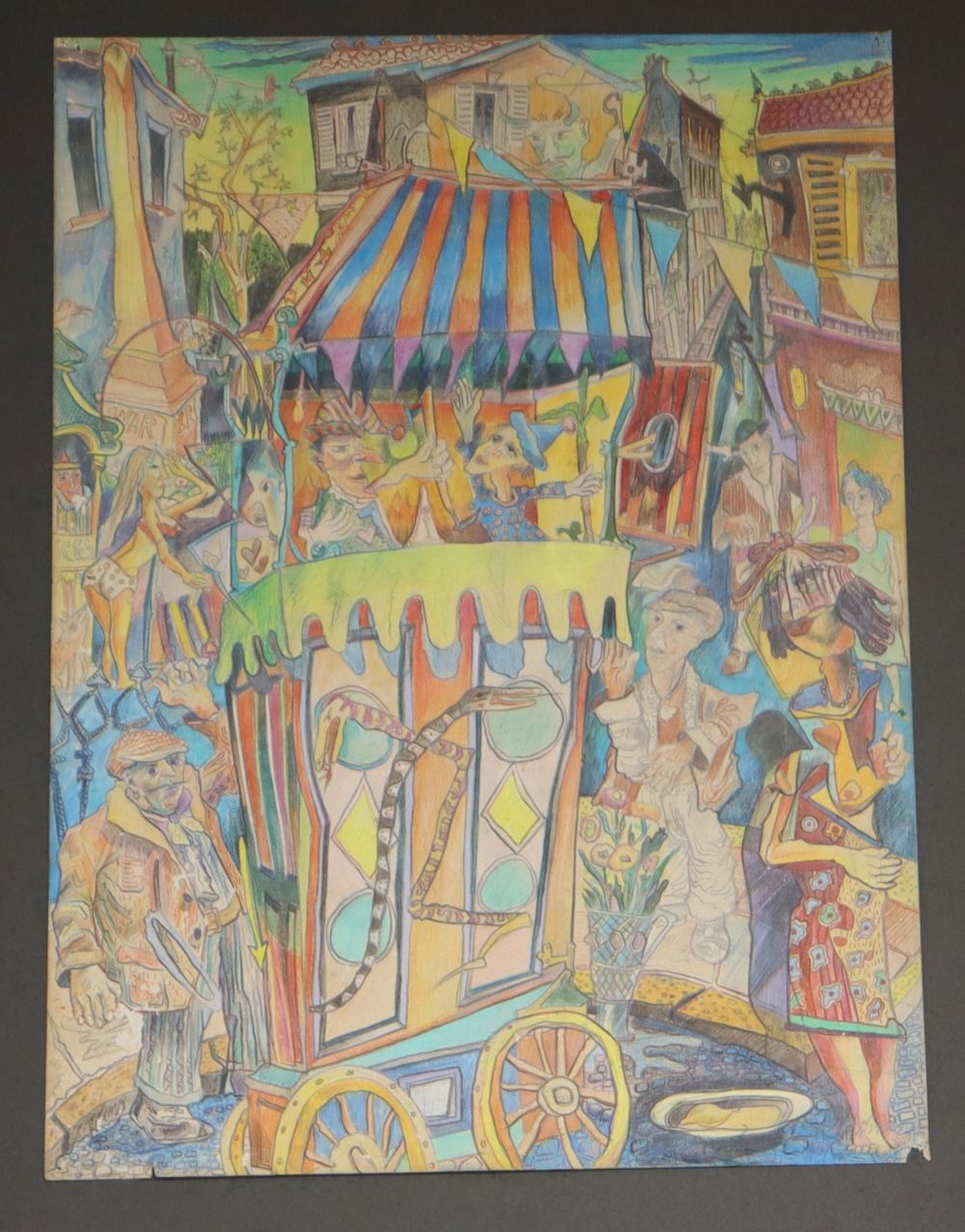 Modern British, coloured pencil, Fairground with Punch and Judy stall, indistinctly signed, 58 x 42cm, unframed
